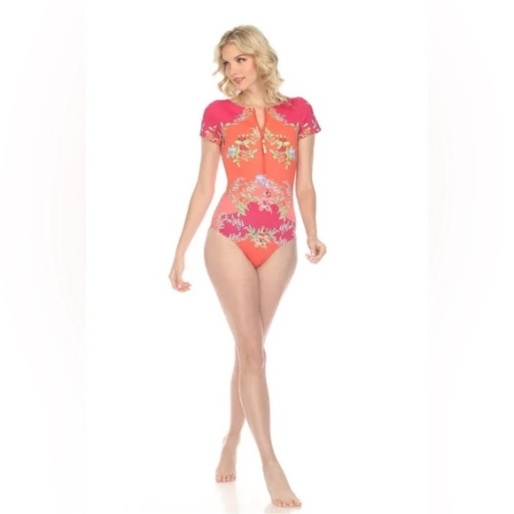NWT Johnny Was Wave Surf One Piece Neoprene Orange Pink Floral Swim Suit $298 - Picture 6 of 14